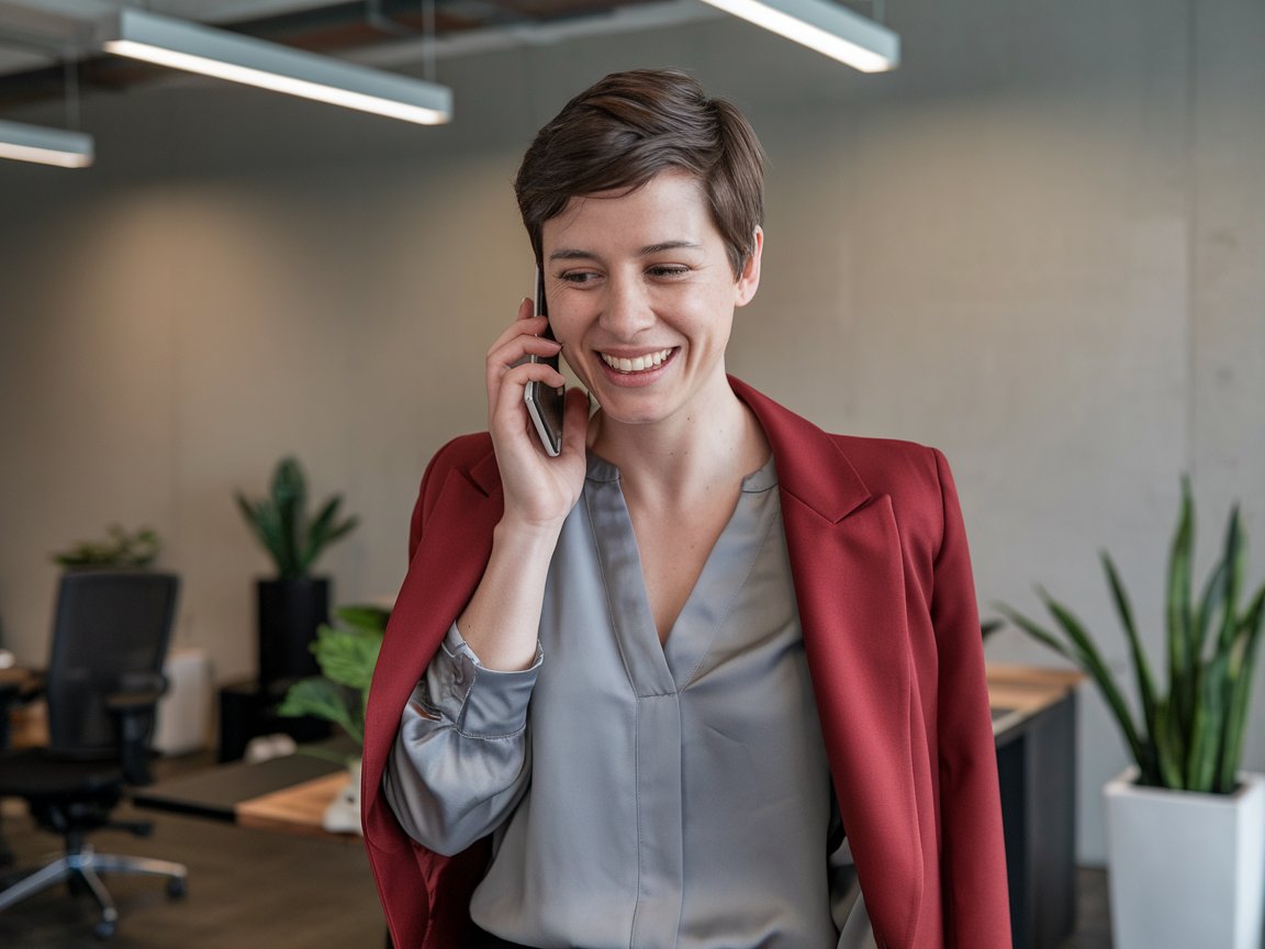 Woman in a red jacket speaking on the phone, smiling.