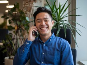 Smiling man talking on the phone in a relaxed office setting.